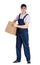 Workman in overalls hands a cardboard box