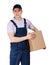 Workman in overalls hands a parcel