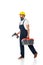 Workman in overalls and hardhat holding toolbox and electric screwdriver while walking on white background