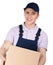 Workman in overalls keeps a parcel
