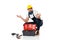 Workman showing shrug gesture near tools and toolbox on on white background