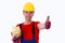 Workman with thumb up and piggy bank
