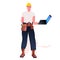 workman in uniform construction worker using laptop full length