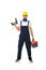 Workman in uniform and hardhat holding electric screwdriver and toolbox on white background