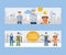 Workmen builders and engineers with tools or tiles set of banners vector illustration. Workers in hardhats hold ladder