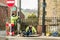 Workmen fixing telephone line on a Welsh street.