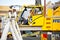 Workmen on site during the preparations to erect a large high rise industrial crane