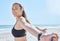 Workout, beach and portrait stretching resistance band with wellness, training and health lifestyle woman. Fitness