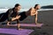 Workout. Couple On Beach Doing Exercise On Yoga Mat. Handsome Shirtless Man And Sexy Woman Training In Morning On Coast.