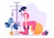 Workout Gym People Exercising Lifting Dumbbells and Weight, Jogging on Treadmill, Sport, Wellness or Fitness in Flat Illustration