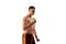 Workout. Muscular young man doing excersice with expander rope isolated over white background. Sport, fitness, healthy