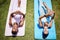 Workout, stretching and women on grass yoga for fitness, relax workout or zen exercise in nature. Friends, people or