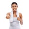 Workout, thumbs up and woman in studio for fitness success, exercise achievement and winning hands or like emoji