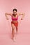 Workout. Woman Training With Resistance Bands On Pink Background