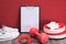 Workouts at home - red dumbbells, jump rope and kick pads, note board and white sneakers