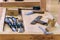 Workplace carpenter, workbench with a variety of carpentry tools.