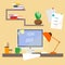 Workplace and environment for plans and ideas in flat design. Workspace
