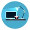 Workplace Icon Desktop Computer On Desk Web Button On Round Blue Background