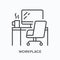 Workplace line icon. Table, computer monitor, chair and coffee mug vector illustration. Workspace interior linear sign