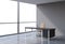 A workplace in a modern panoramic office, copy space view from the windows. A concept of financial consulting services.