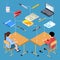 Workplace of modern students isometric vector design