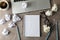 Workplace. Paper balls and blank notebook on grey background