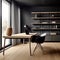 Workplace with wooden desk and black chair against of black wall with shelving unit. Interior design of modern scandinavian home