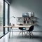Workplace with wooden desk and two black chairs against of grey wall with shelving rack. Interior design of modern scandinavian