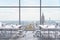 Workplaces in a modern panoramic office, New York city view from the windows. A concept of financial consulting services.