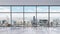 Workplaces in a modern panoramic office, New York city view in the windows, Manhattan. Open space.