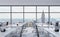 Workplaces in a modern panoramic office, New York city view from the windows. Open space. White tables and black leather chairs.