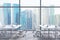 Workplaces in a modern panoramic office, Singapore city view from the windows. A concept of financial consulting services. 3D rend