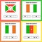 Worksheet on geography for preschool and school kids. Crossword. Burundi, Cameroon, Ivory coast, Ireland flags. Cuess