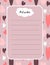 Worksheet template for planning, writing notes. Romantic collection with hearts.