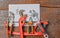 Workshop bench. Variety of hand tools on a wooden table, top view, copy space