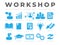 Workshop Icon Set. Presentation, Development, Networking, Teamwork, Guide, Literature, E-Book, Certificate, Ideas, Creativity,