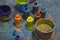 Workshop - a lot of buckets with multi-colored paint. Multi-colors Paint for textile dyeing