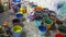 Workshop - a lot of buckets with multi-colored paint. Multi-colors Paint for textile dyeing