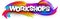 Workshops paper word sign with colorful spectrum paint brush strokes over white