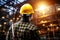 Worksite readiness Engineer wears yellow safety helmet on construction site