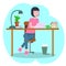 Workspace concept with devices. Girl student at workplace with a graphic tablet. Woman, businesswoman, graphic designer