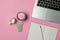 Workspace of freelancer, blogger, journalist - laptop, notepad, pen, cup of trendy superfood pink beetroot latte