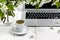 Workspace with girl`s hand on laptop keyboard and cup of coffee, white spring apple tree flowers on white woodden background. Vie