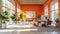 Workspace interior: Bright, inviting office space designed in Apricot Crush color scheme, reflecting positivity and