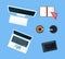 Workspace Items with Computer, Laptop, Tablet, Notepad, Coffee Cup and Ash Tray Top View Vector Set