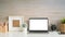 Workspace mockup laptop, photo frame, pencil and cactus on desk with wooden wall