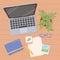 Workspace office laptop glasses book paper pencil and plant top view design