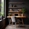 Workspace with wooden writing desk and chair against window near dark wall with shelf. Scandinavian home office