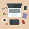 Worktop. Freelancer or office worker workspace. Vector illustration of work items on a wooden table.