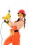 workwoman in overalls and hardhat holding electric drills,